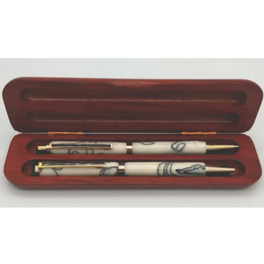 Pen & Pencil Set - Marble Design & Light Cherrywood Case